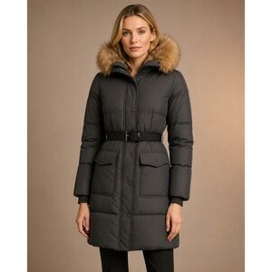 Theory Puffer Long Coat Gray Sydnie Technical Goose Down Real Fur Belt XS Petite